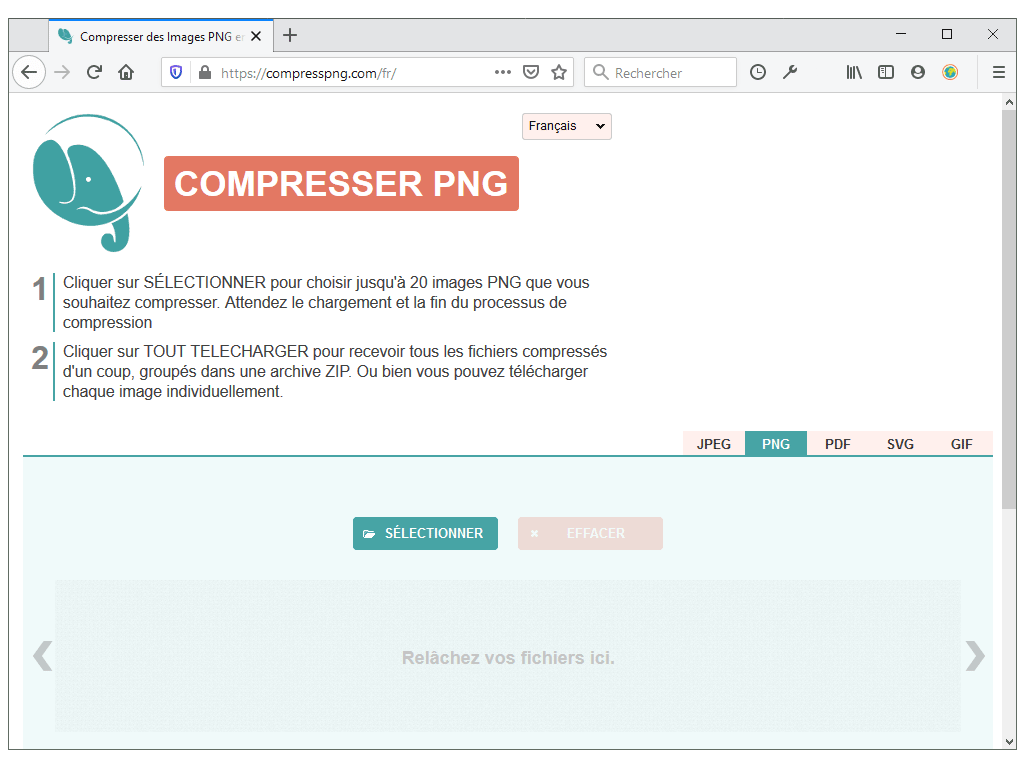 Copie d'écran de la page d'accueil du site Compresspng.com en version française