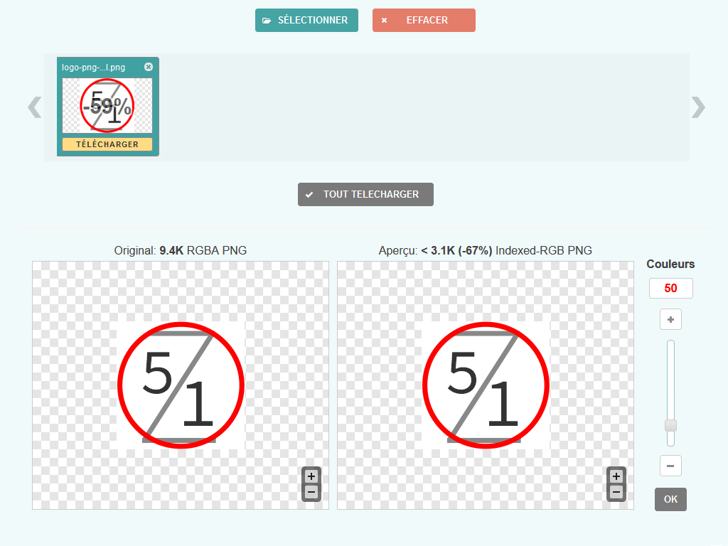 Copie d'écran montrant les images optimisées et le lien de téléchargement