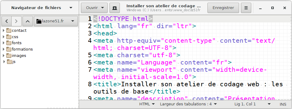 Fenêtre Gedit Image d'une fenêtre et navigateur de fichier dans Gedit 3.20.1