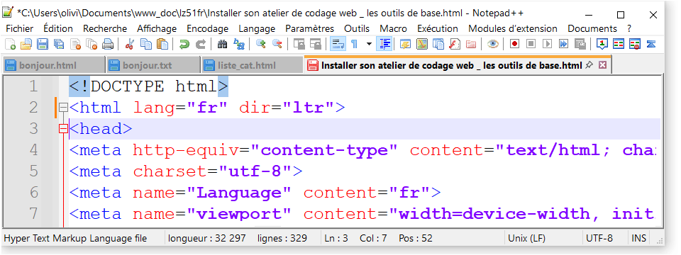 Fenêtre Notepad ++ Image d'une fenêtre et onglet dans Notepad++