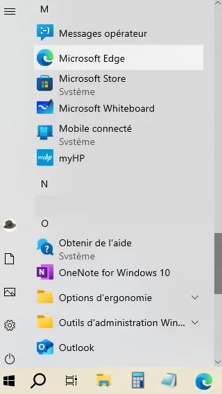 Accès Microsoft Edge Fenêtre du menu démarrer windows montrant l'accès à Microsoft Edge