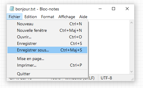 Le menu Enregistrer sous Fenêtre du Bloc-notes et son menu Fichier Enregistrer sous