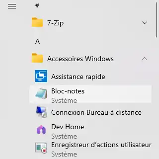 Menu démarrer Fenêtre du menu démarrer le Bloc-Notes