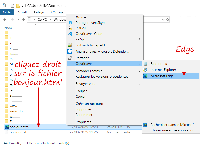 Ouverture du fichier bonjour.html dans un navigateur Fenêtre de l'explorateur windows et repèrage du fichier bonjour.html