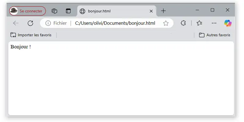 Page web simple Fenêtre du navigateur Edge affichant le fichier bonjour.html
