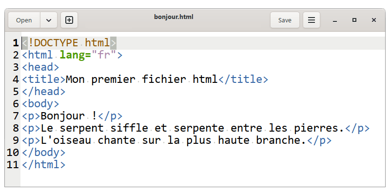 Coloration syntaxique du code html Illustration d'un code html avec coloration dans l'éditeur Gedit