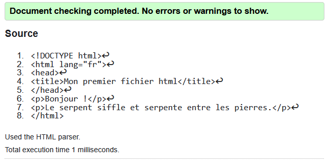 Rapport fichier valide Copie d'écran du valideur Nu html Checker confirmant un code conforme